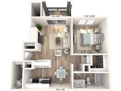 Floor plan for 1 bed, 1 bath, 701 sqft